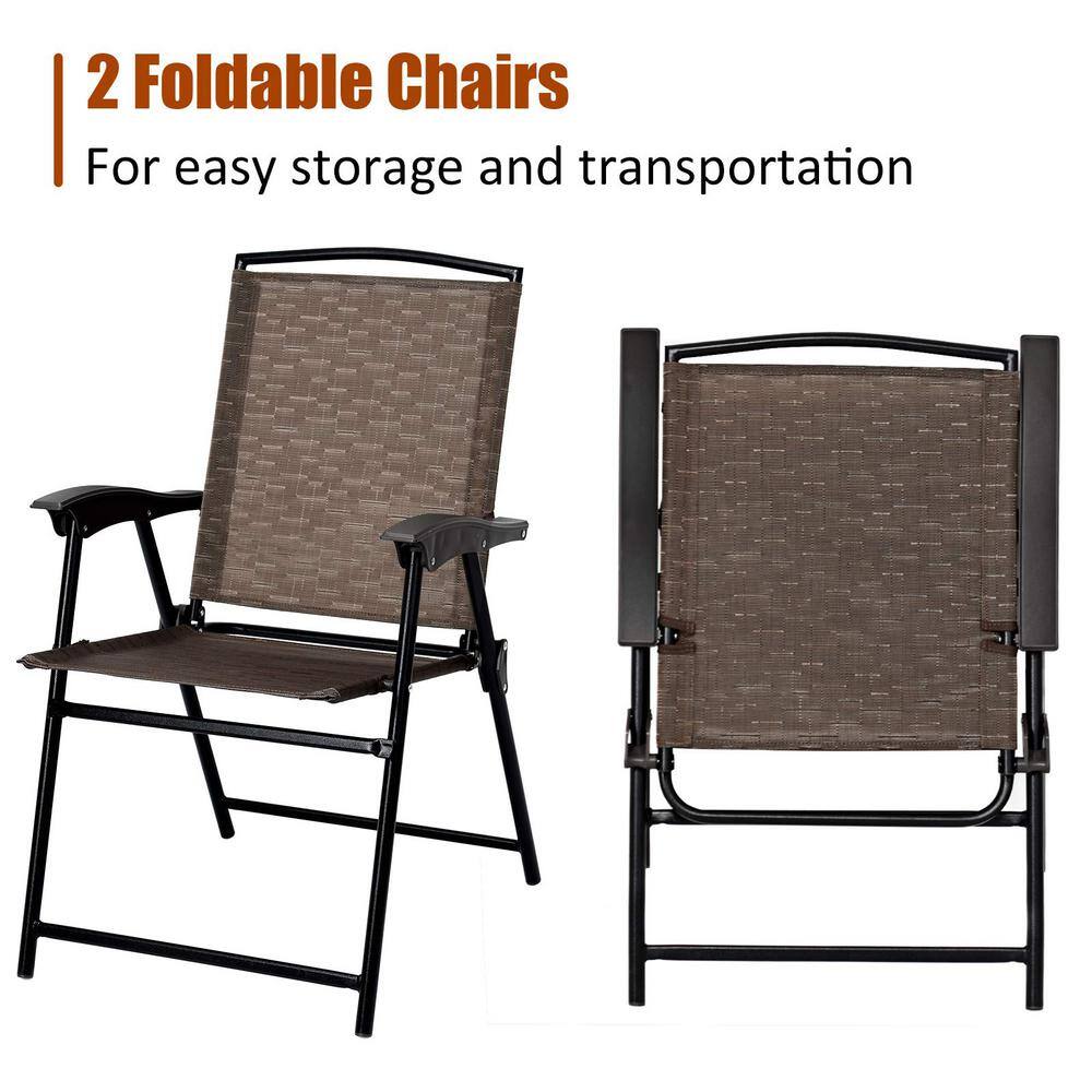 Black Folding Metal Outdoor Dining Chair in Brown Seat (2-Pack)