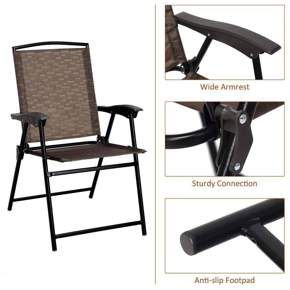 Black Folding Metal Outdoor Dining Chair in Brown Seat (2-Pack)