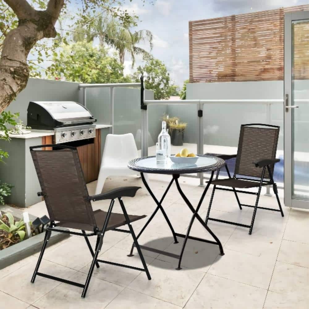 Black Folding Metal Outdoor Dining Chair in Brown Seat (2-Pack)