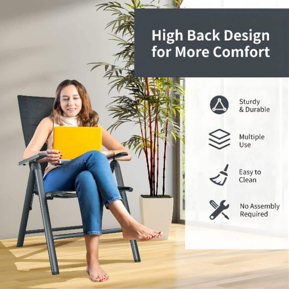 Gray Metal Padded Sling Folding Outdoor Patio Dining Chair (2-Pack)