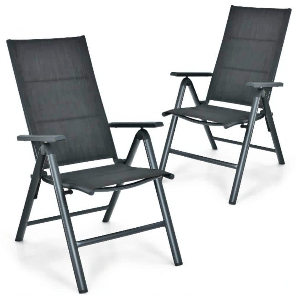 Gray Metal Padded Sling Folding Outdoor Patio Dining Chair (2-Pack)