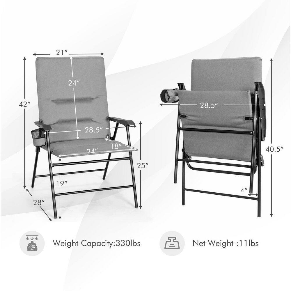 Gray Steel Outdoor Folding Padded Chair Patio Dining Chair with High Backrest and Cup Holder