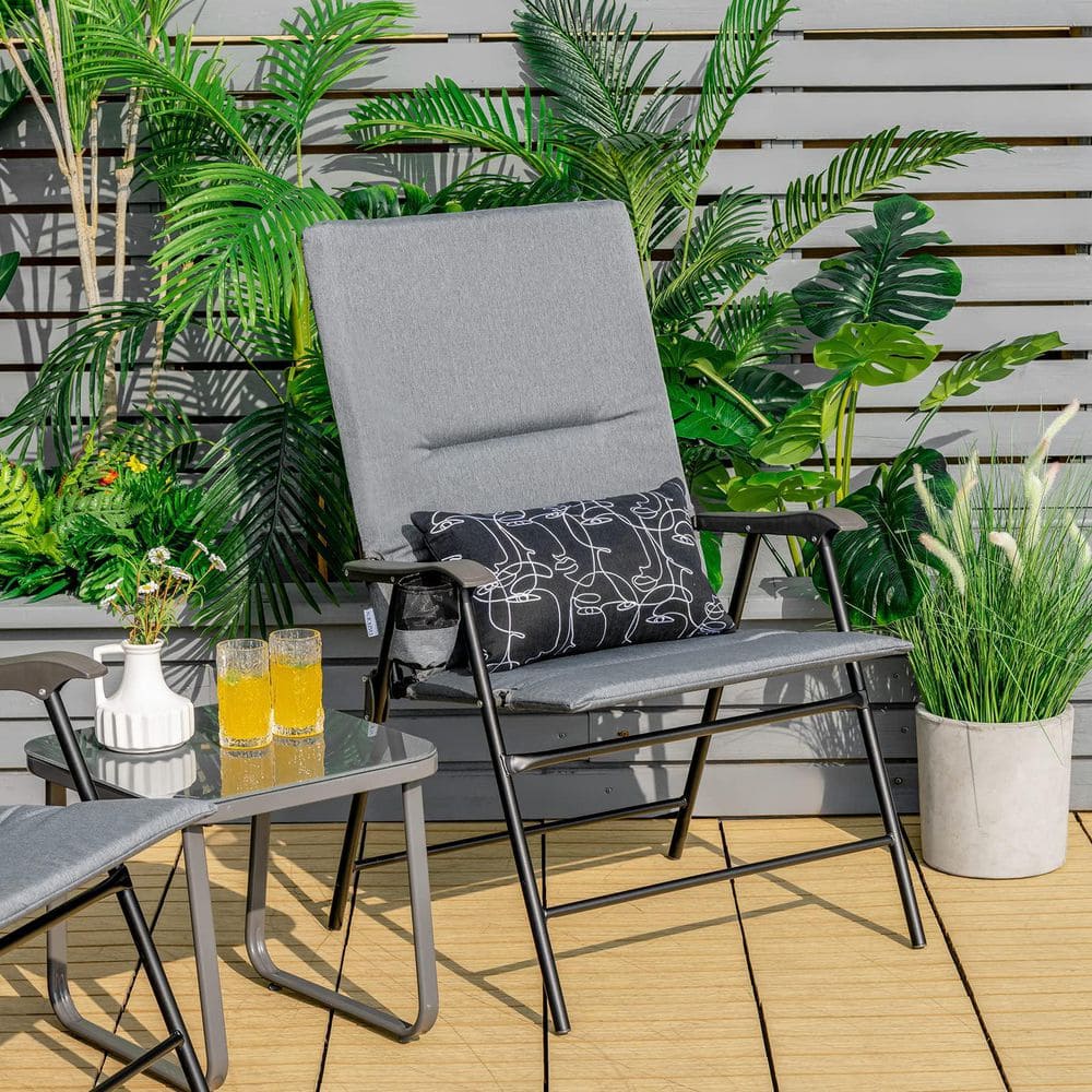 Gray Steel Outdoor Folding Padded Chair Patio Dining Chair with High Backrest and Cup Holder