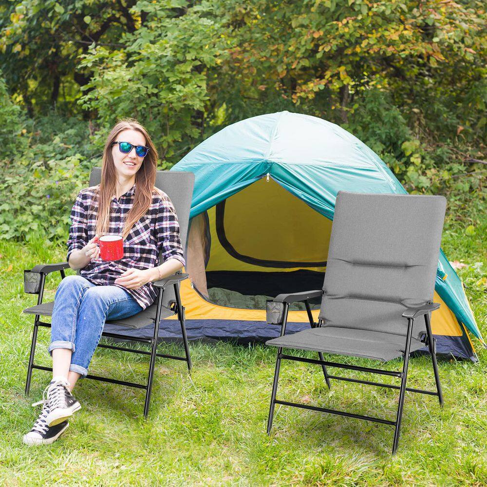 Gray Steel Outdoor Folding Padded Chair Patio Dining Chair with High Backrest and Cup Holder
