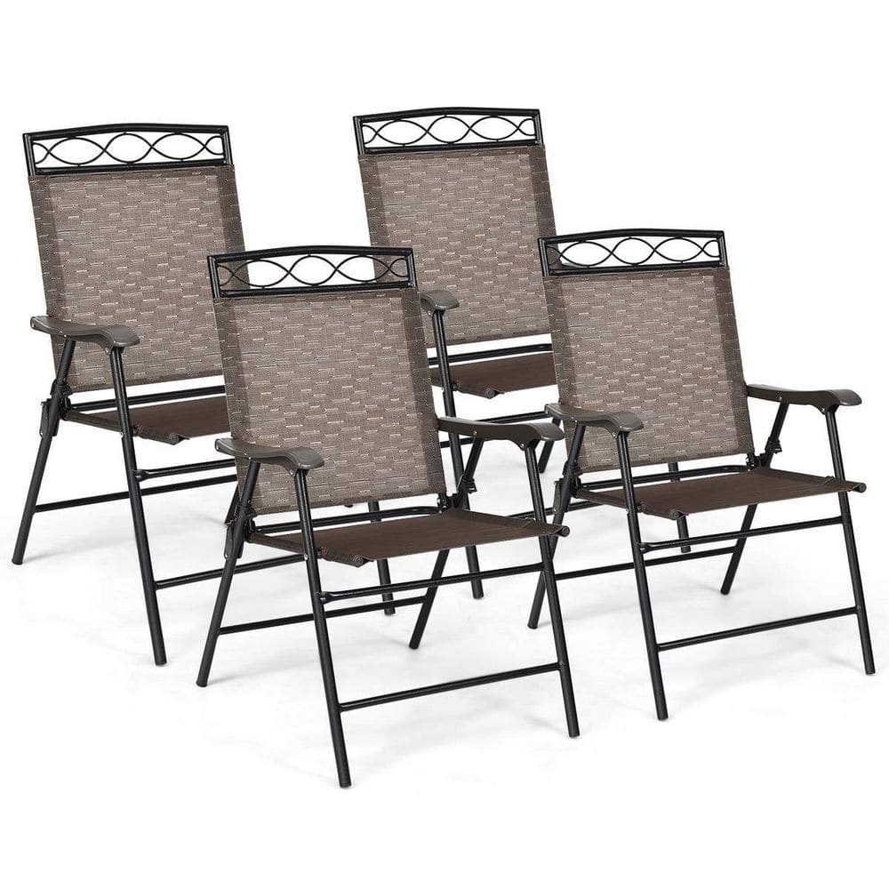 Brown Metal Outdoor Dining Chairs Patio Folding Chairs (Set of 4)