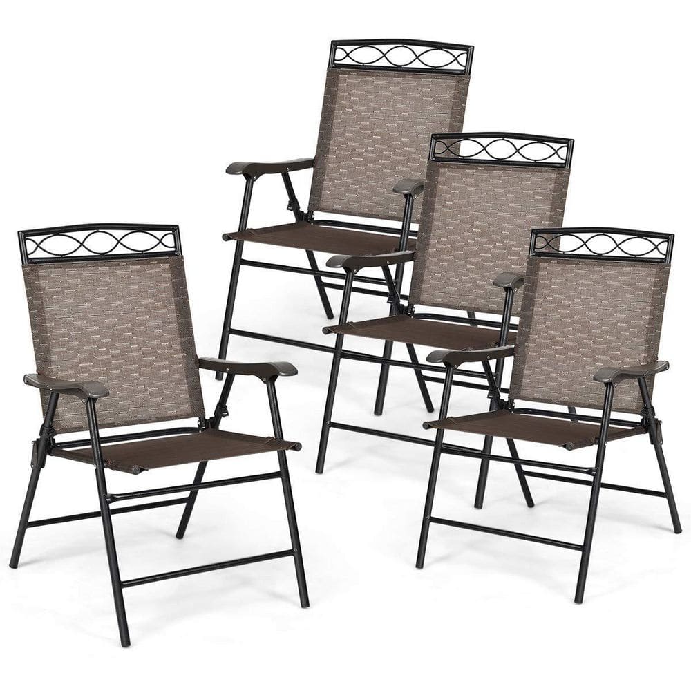 Brown Metal Outdoor Dining Chairs Patio Folding Chairs (Set of 4)