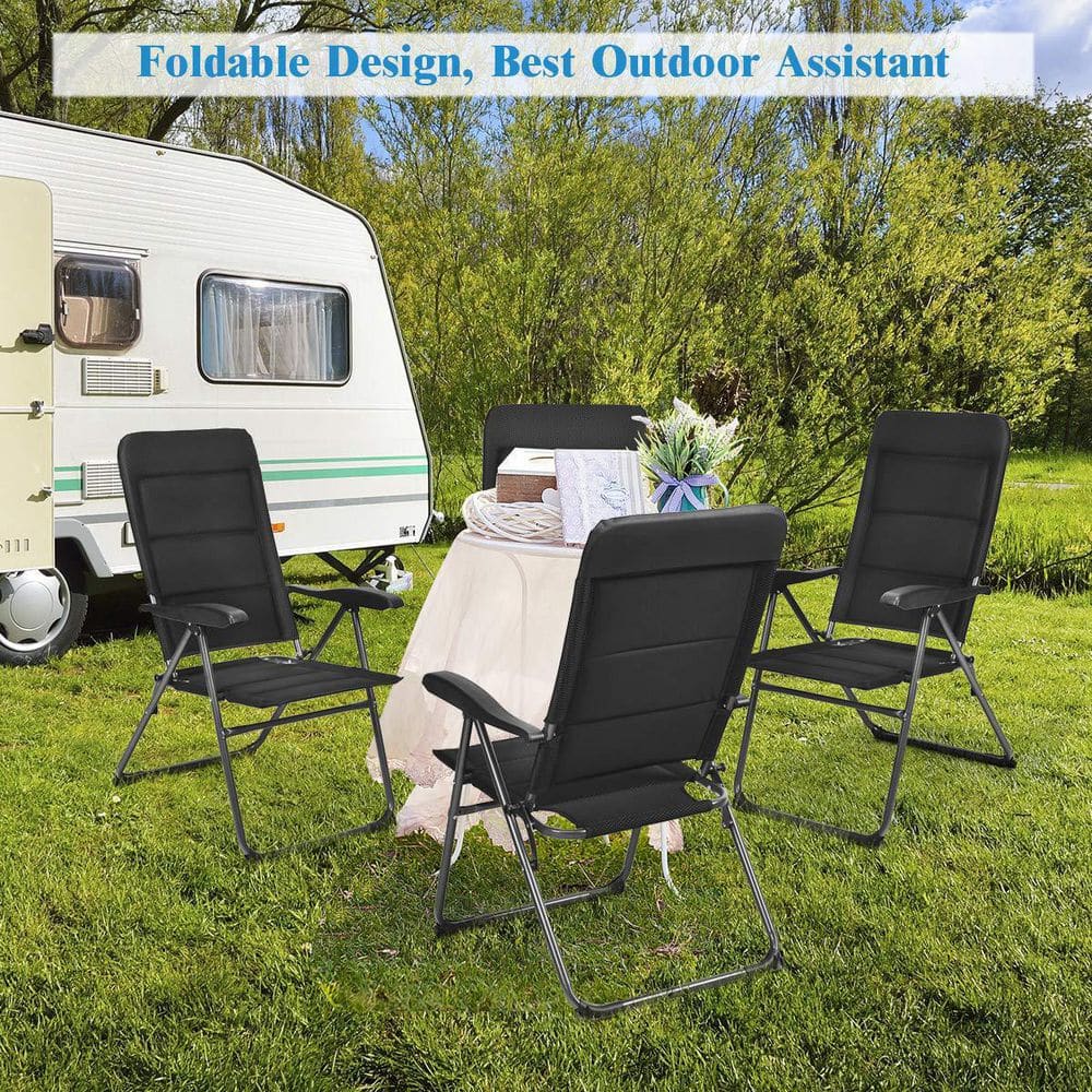 Black Steel Padded Sling Folding Outdoor Patio Dining Chair with Adjustable Backrests (4-Pack)