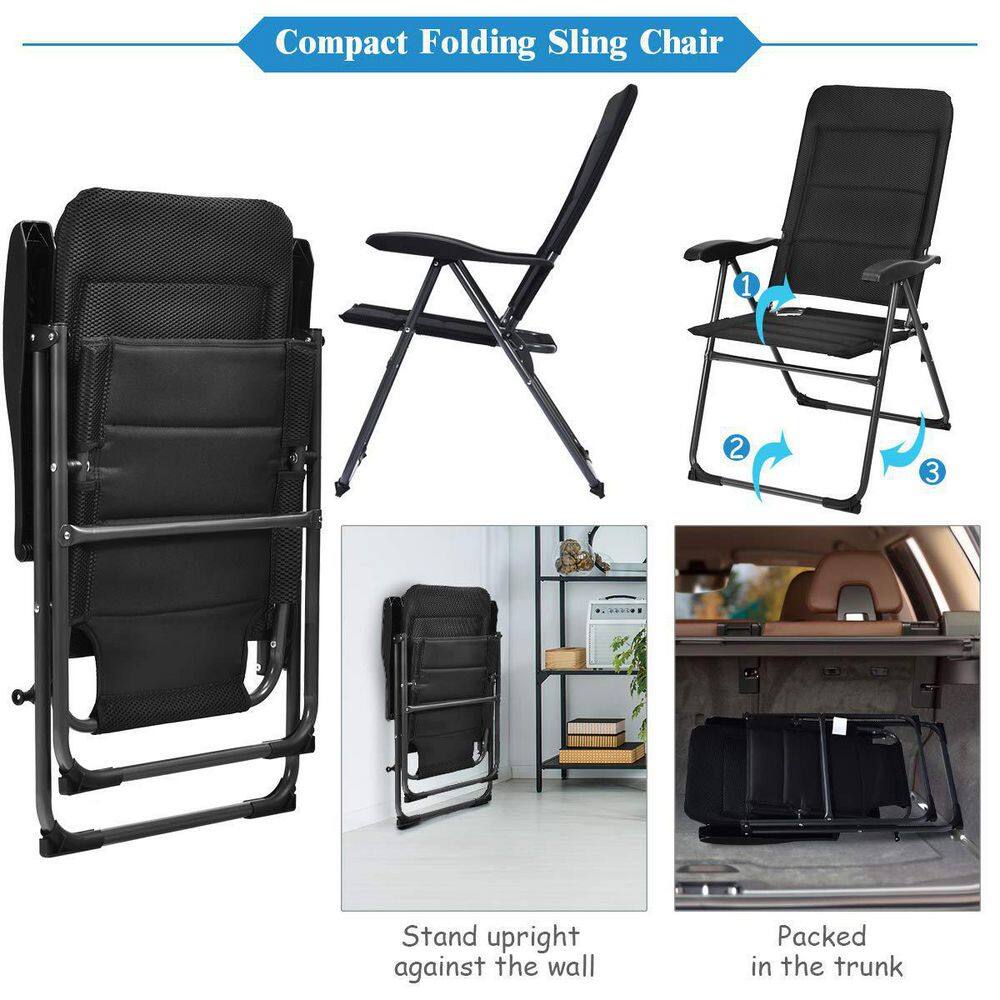 Black Steel Padded Sling Folding Outdoor Patio Dining Chair with Adjustable Backrests (4-Pack)