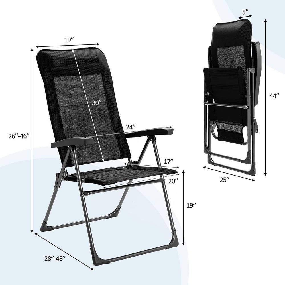 Black Metal Padded Sling Folding Outdoor Patio Dining Chair with Headrests Adjust (2-Pack)