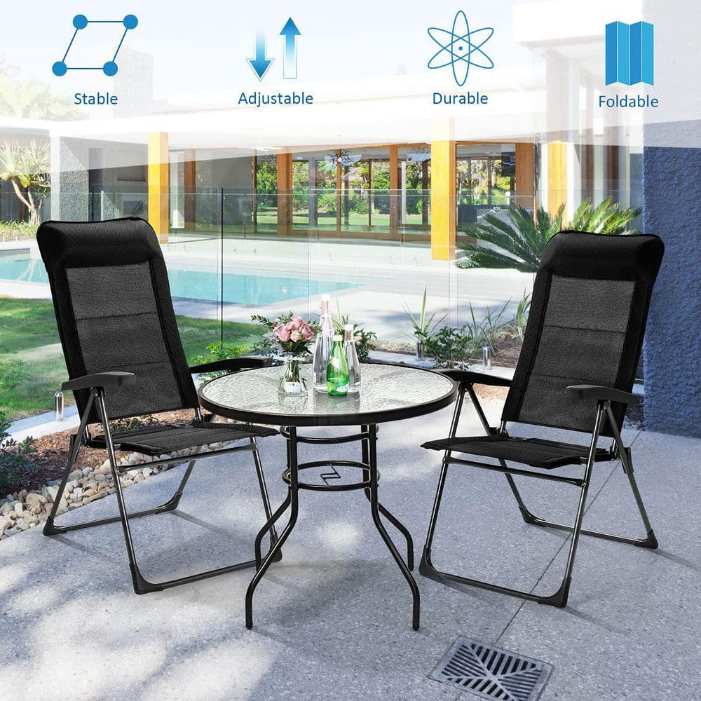 Black Metal Padded Sling Folding Outdoor Patio Dining Chair with Headrests Adjust (2-Pack)