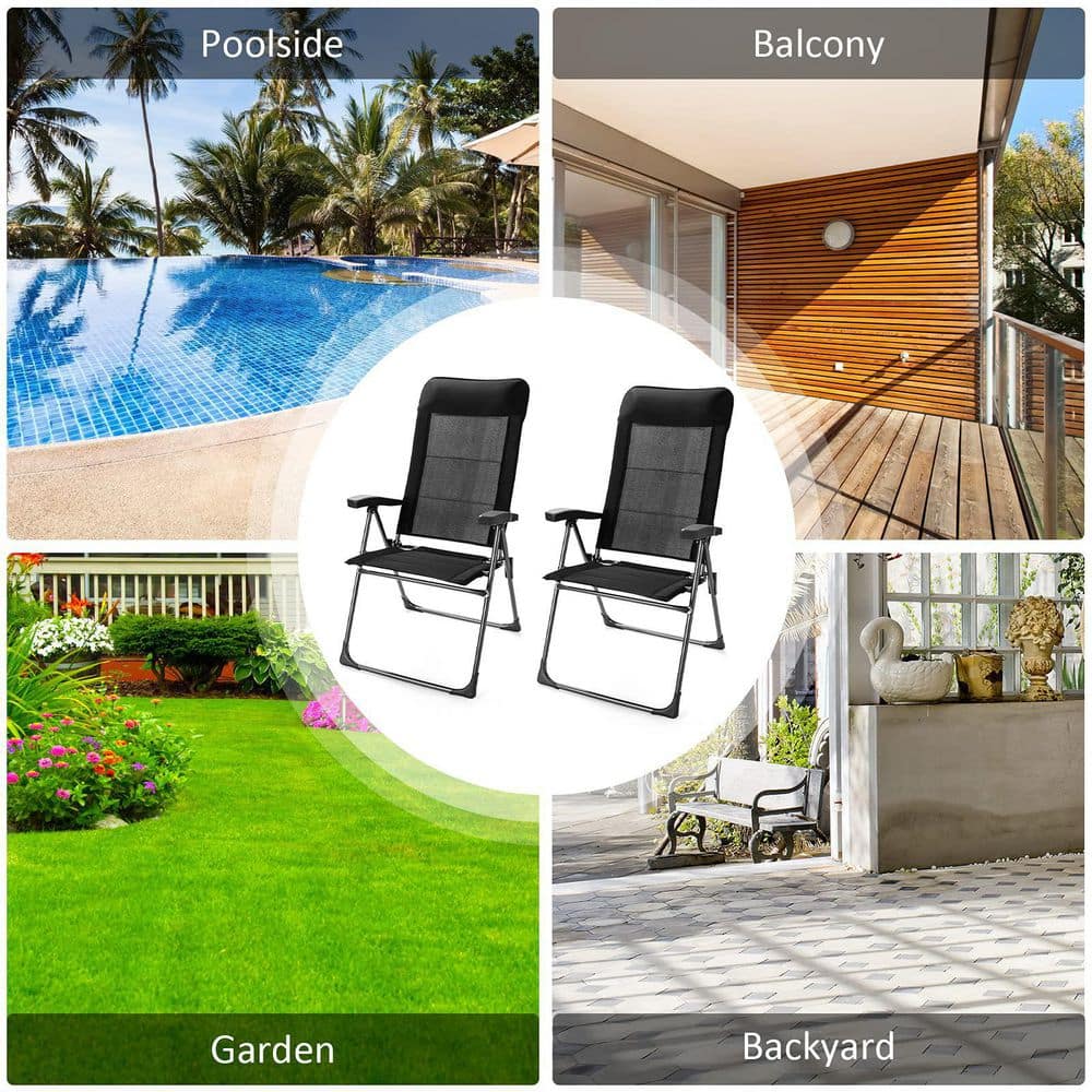 Black Metal Padded Sling Folding Outdoor Patio Dining Chair with Headrests Adjust (2-Pack)