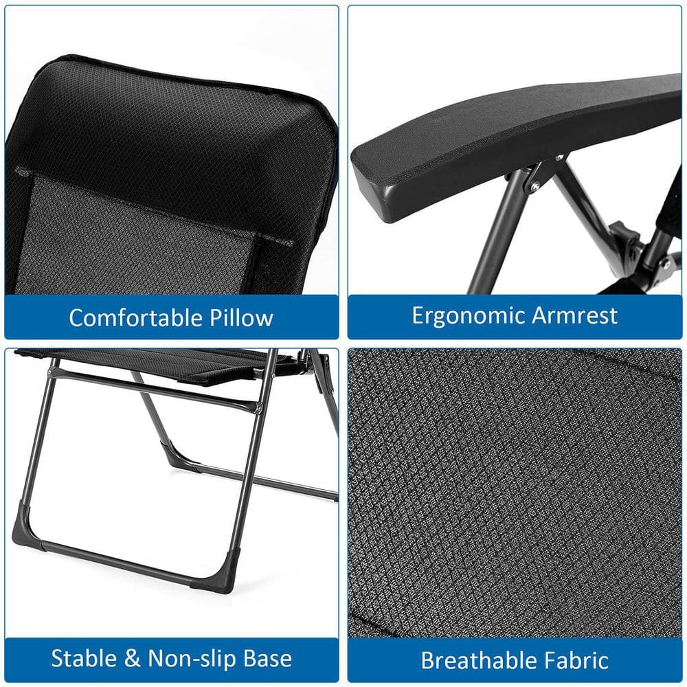 Black Metal Padded Sling Folding Outdoor Patio Dining Chair with Headrests Adjust (2-Pack)
