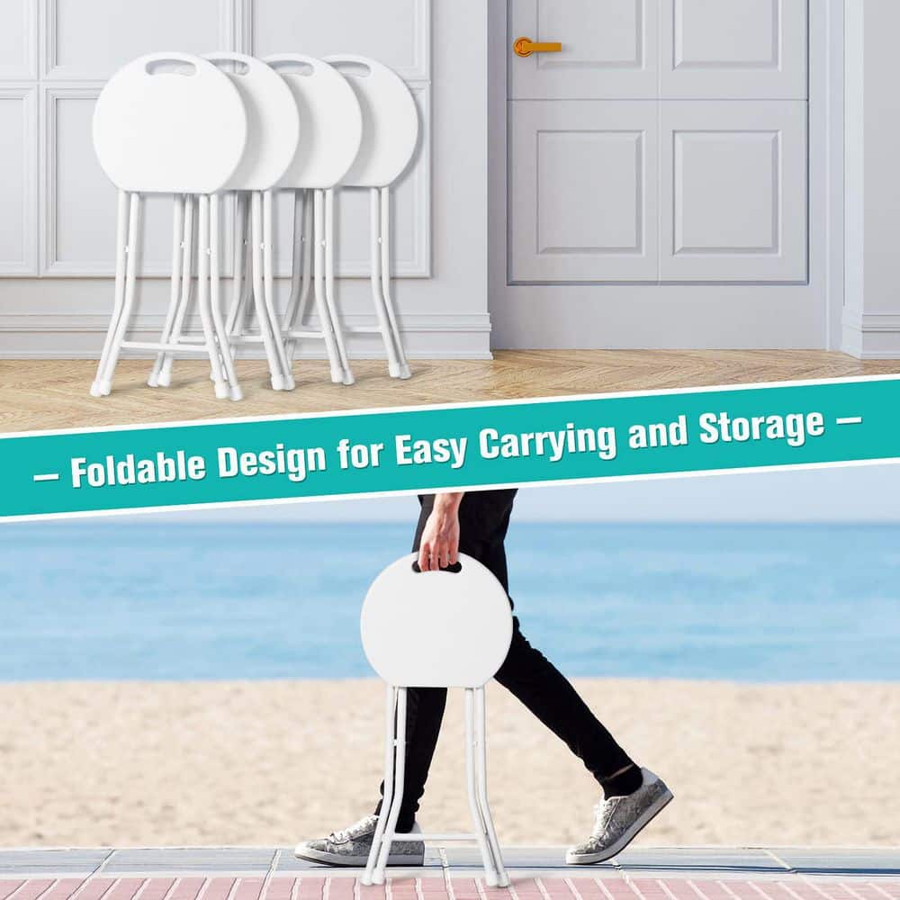 18 in. White Round Metal Folding Garden Stool with Handle(Set of 4)
