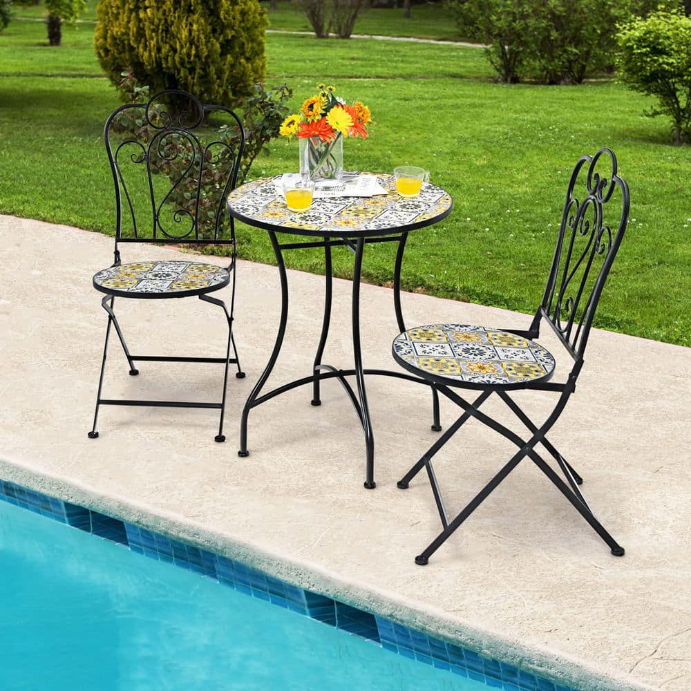 2-Piece Yellow Outdoor Mosaic Folding Bistro Chairs with Ceramic Tiles Seat