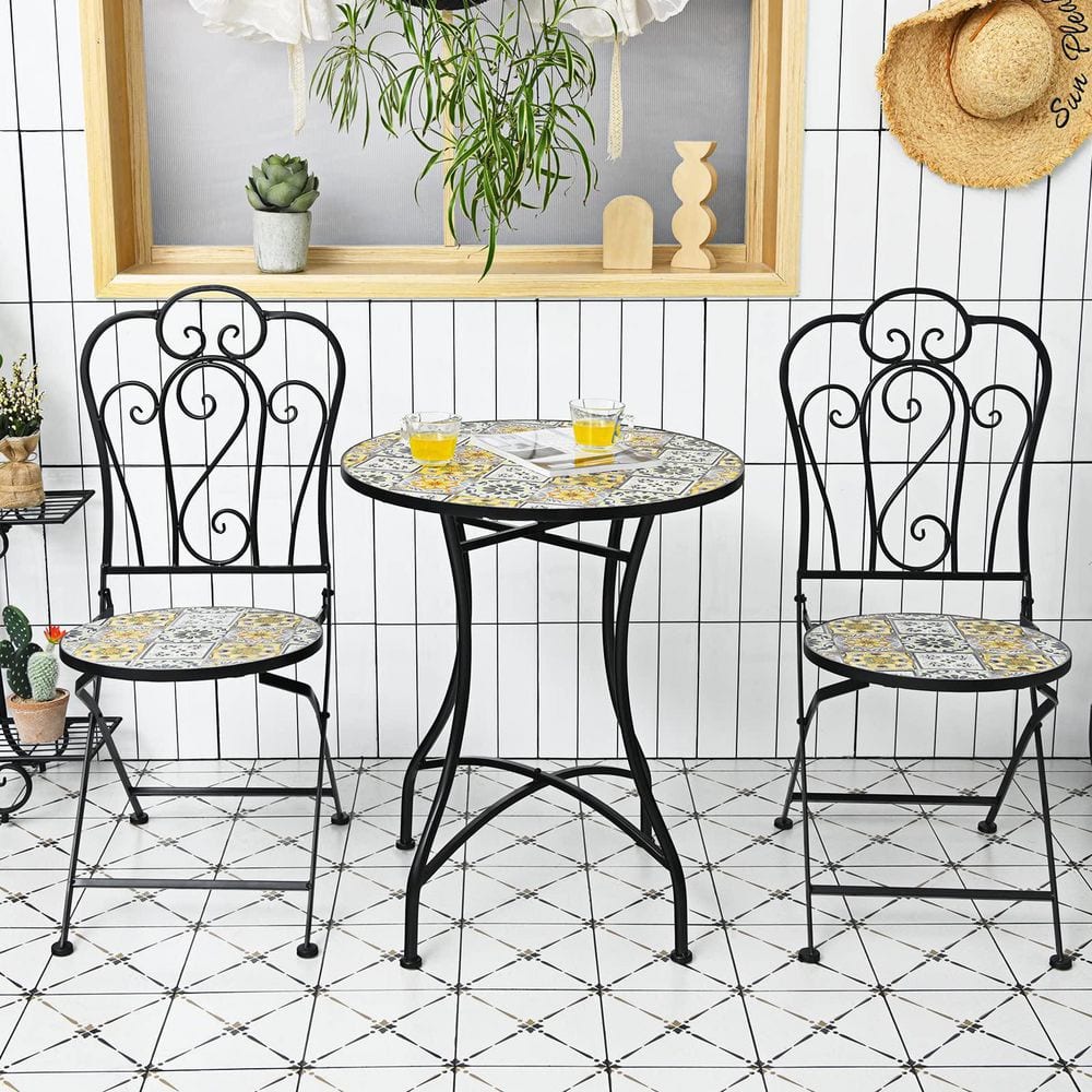 2-Piece Yellow Outdoor Mosaic Folding Bistro Chairs with Ceramic Tiles Seat