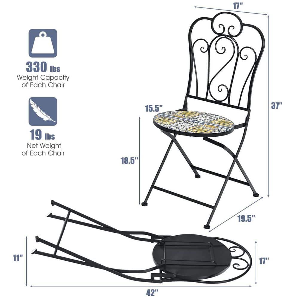 2-Piece Yellow Outdoor Mosaic Folding Bistro Chairs with Ceramic Tiles Seat