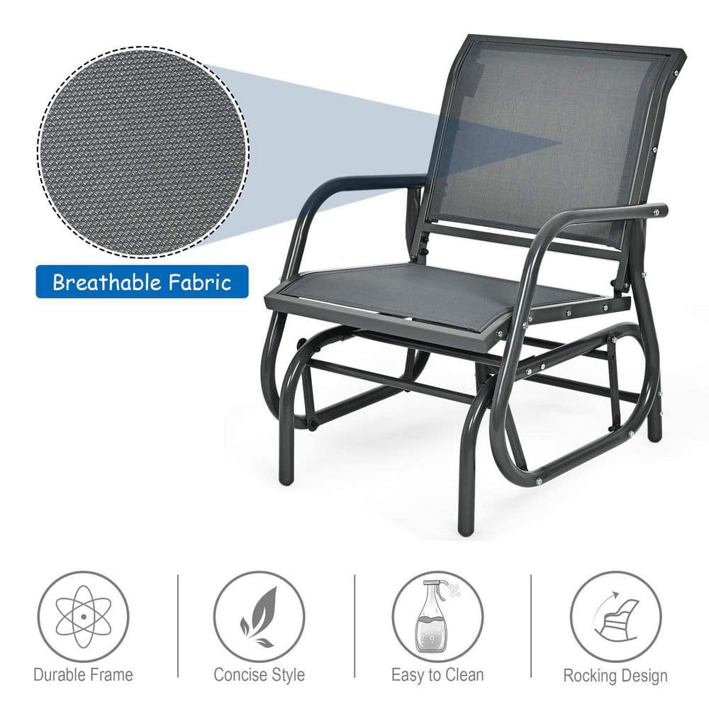 Gray Metal Outdoor Rocking Chair Single Swing Glider with Armrest