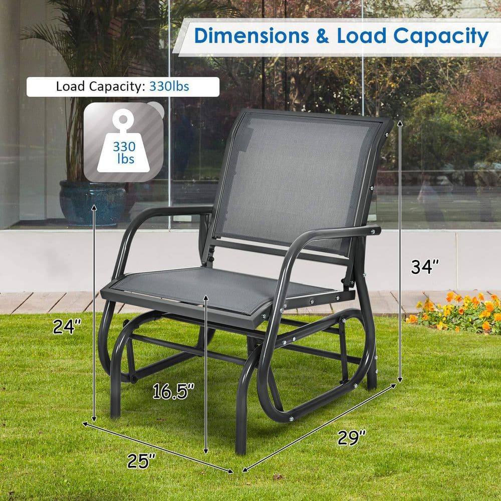 Gray Metal Outdoor Rocking Chair Single Swing Glider with Armrest