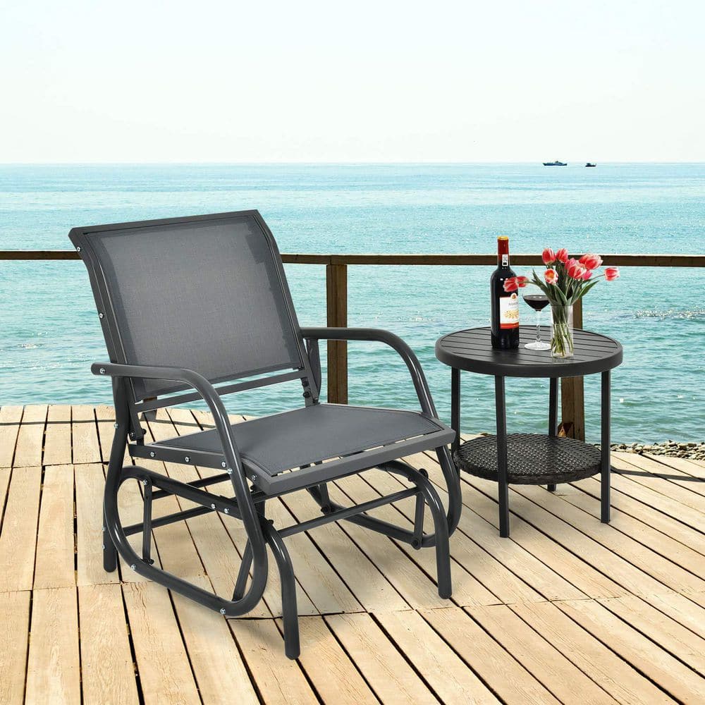 Gray Metal Outdoor Rocking Chair Single Swing Glider with Armrest