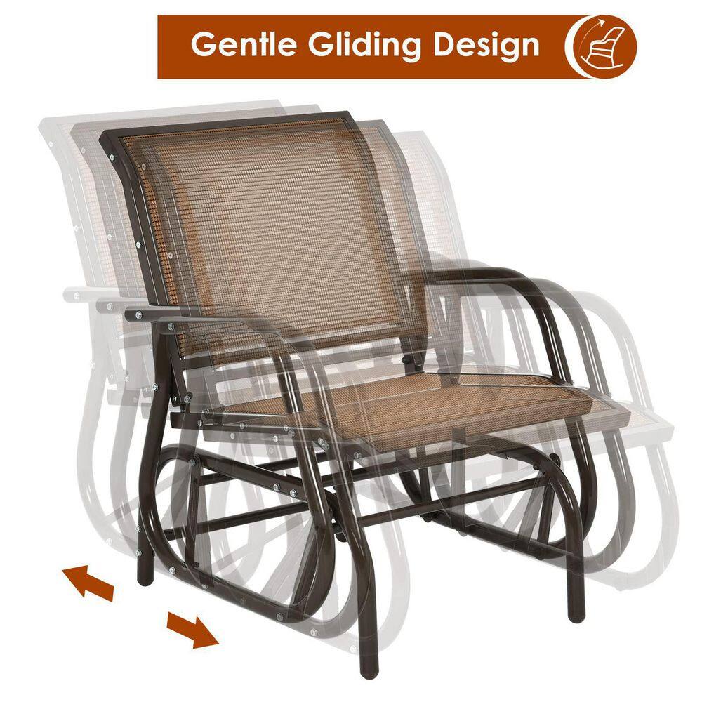 Brown Metal Outdoor Rocking Chair Single Swing Glider with Armrest