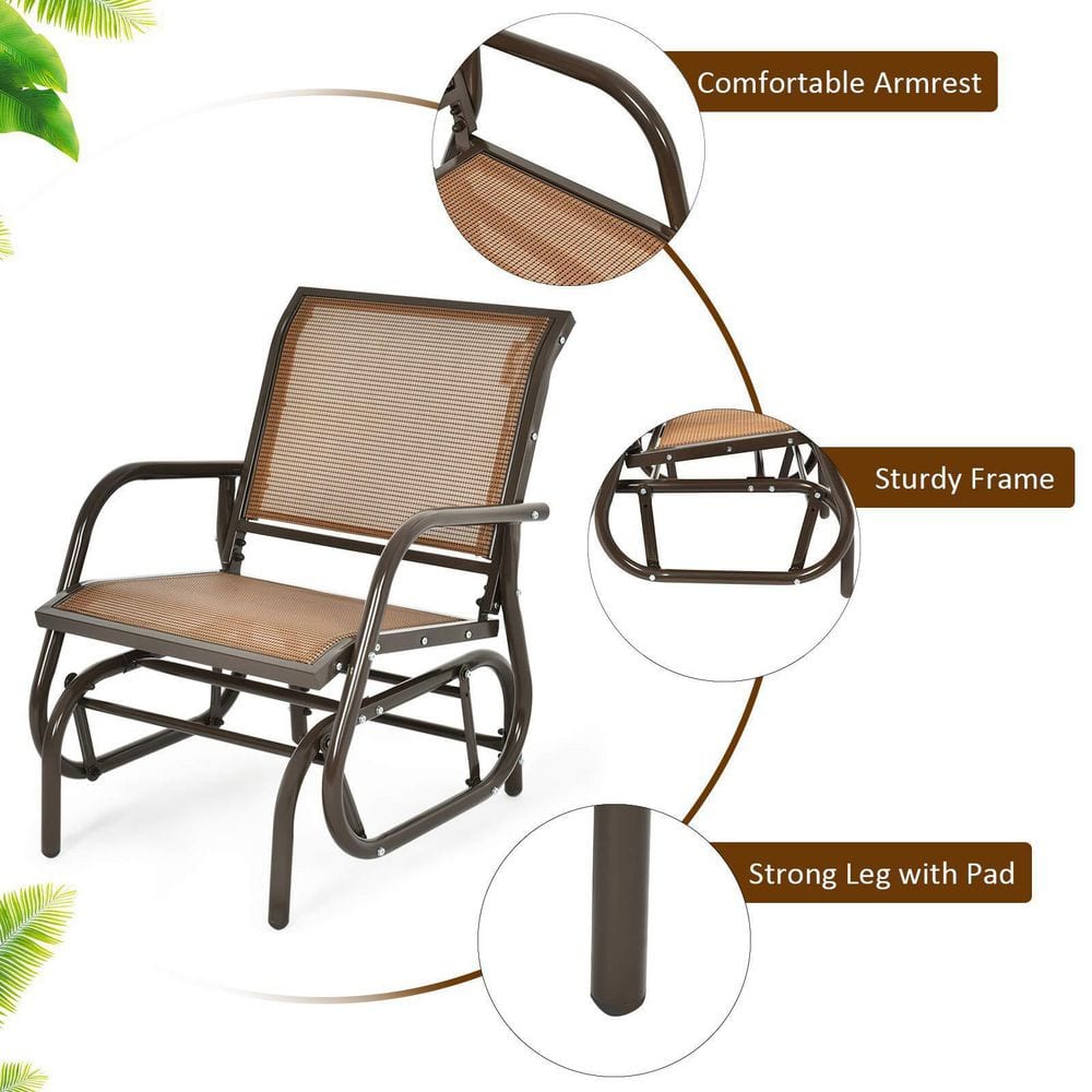 Brown Metal Outdoor Rocking Chair Single Swing Glider with Armrest