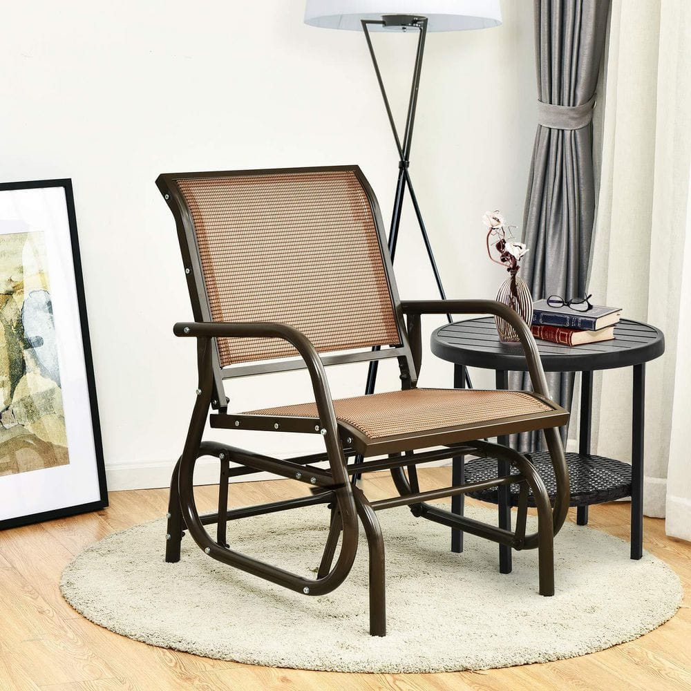 Brown Metal Outdoor Rocking Chair Single Swing Glider with Armrest