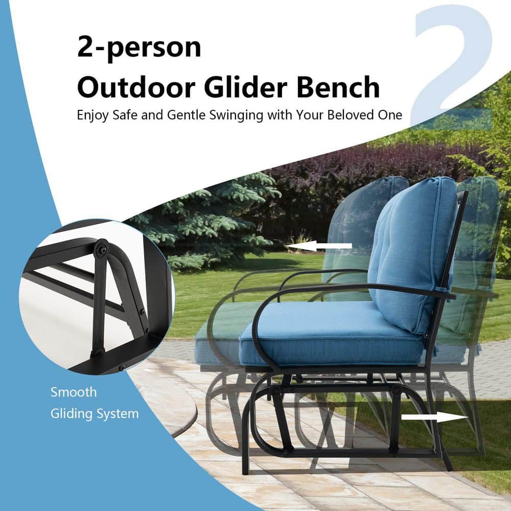 Black Metal 2-Person Outdoor Patio Glider with Nevy Blue Cushions
