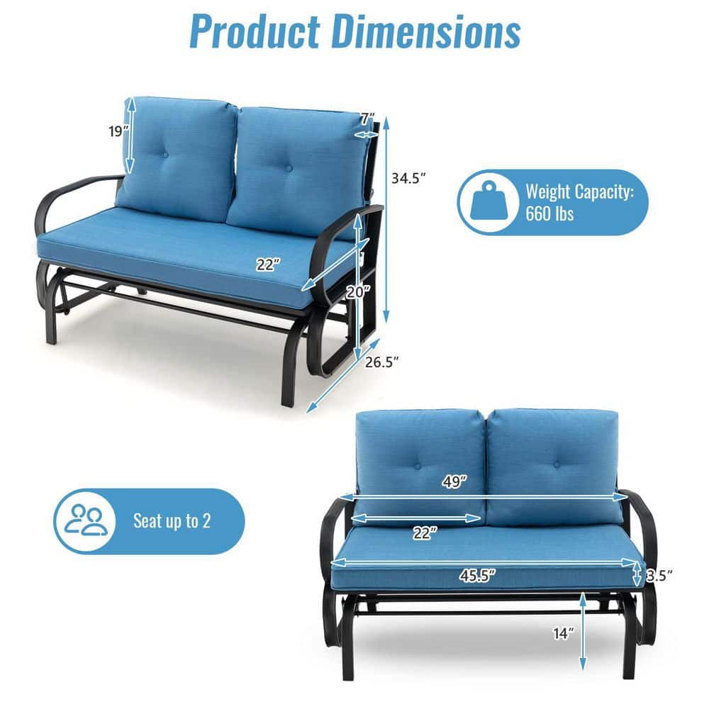 Black Metal 2-Person Outdoor Patio Glider with Nevy Blue Cushions