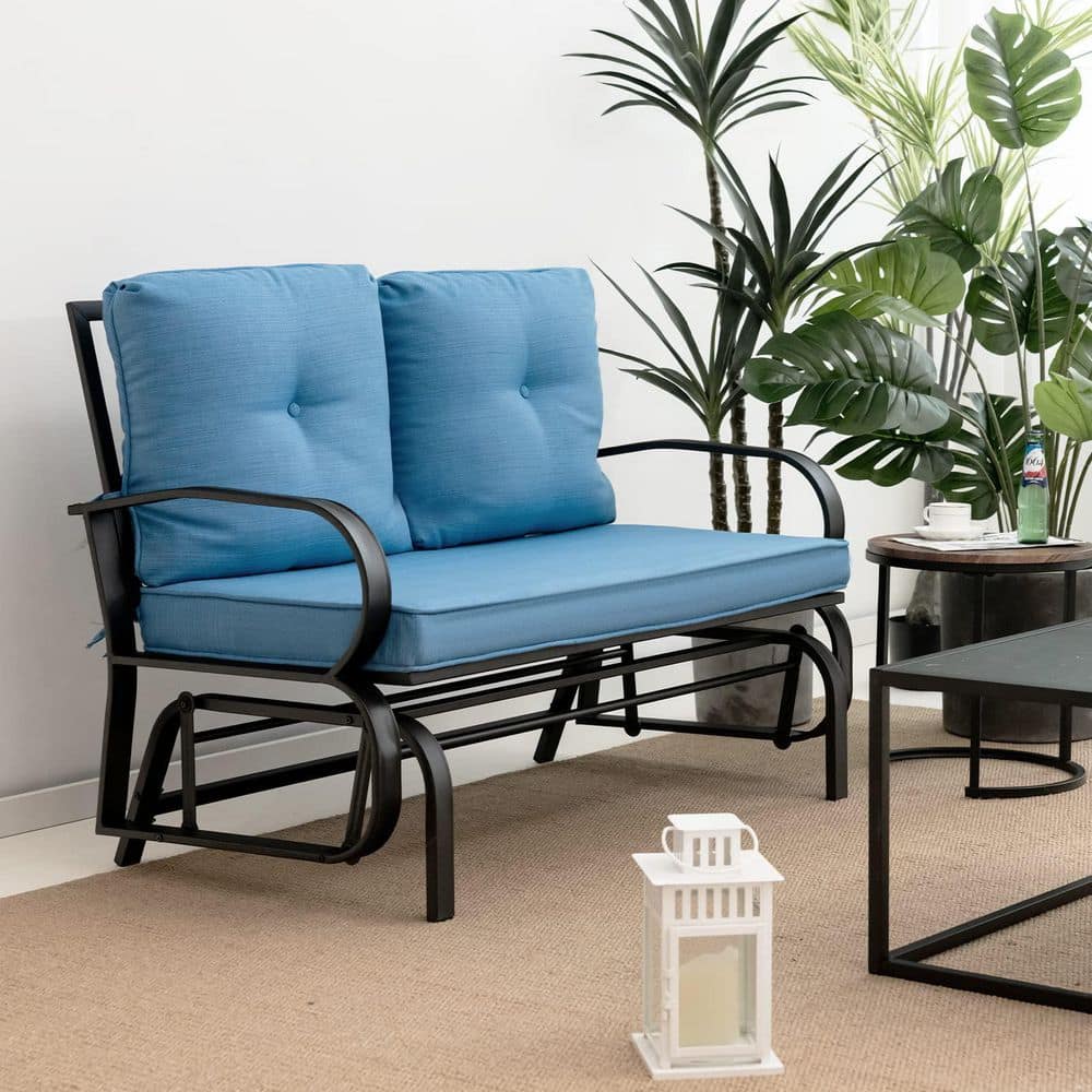 Black Metal 2-Person Outdoor Patio Glider with Nevy Blue Cushions