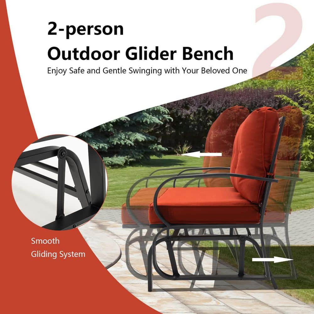 Black Metal 2-Person Outdoor Patio Glider with Red Cushions