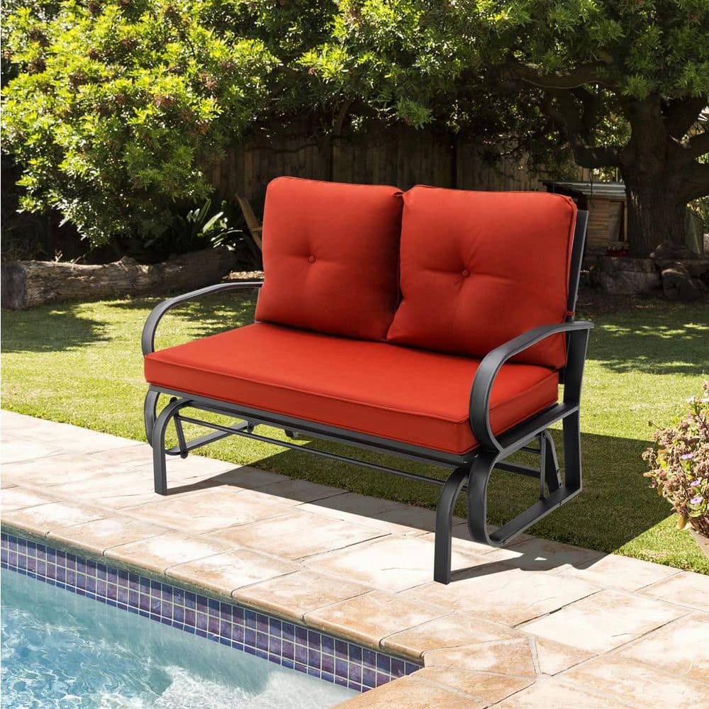 Black Metal 2-Person Outdoor Patio Glider with Red Cushions