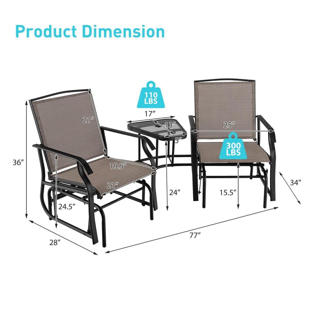 Brown Metal Double Patio Swing Glider Outdoor Rocking Chair Set