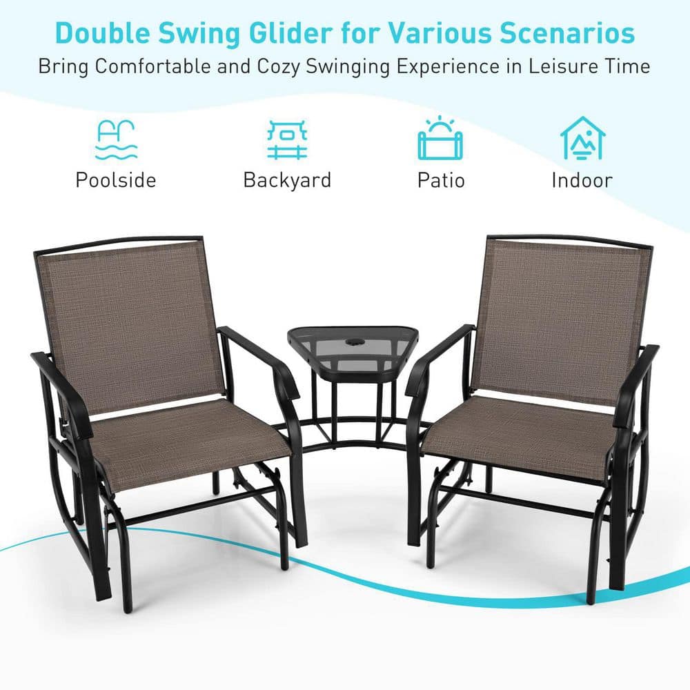 Brown Metal Double Patio Swing Glider Outdoor Rocking Chair Set