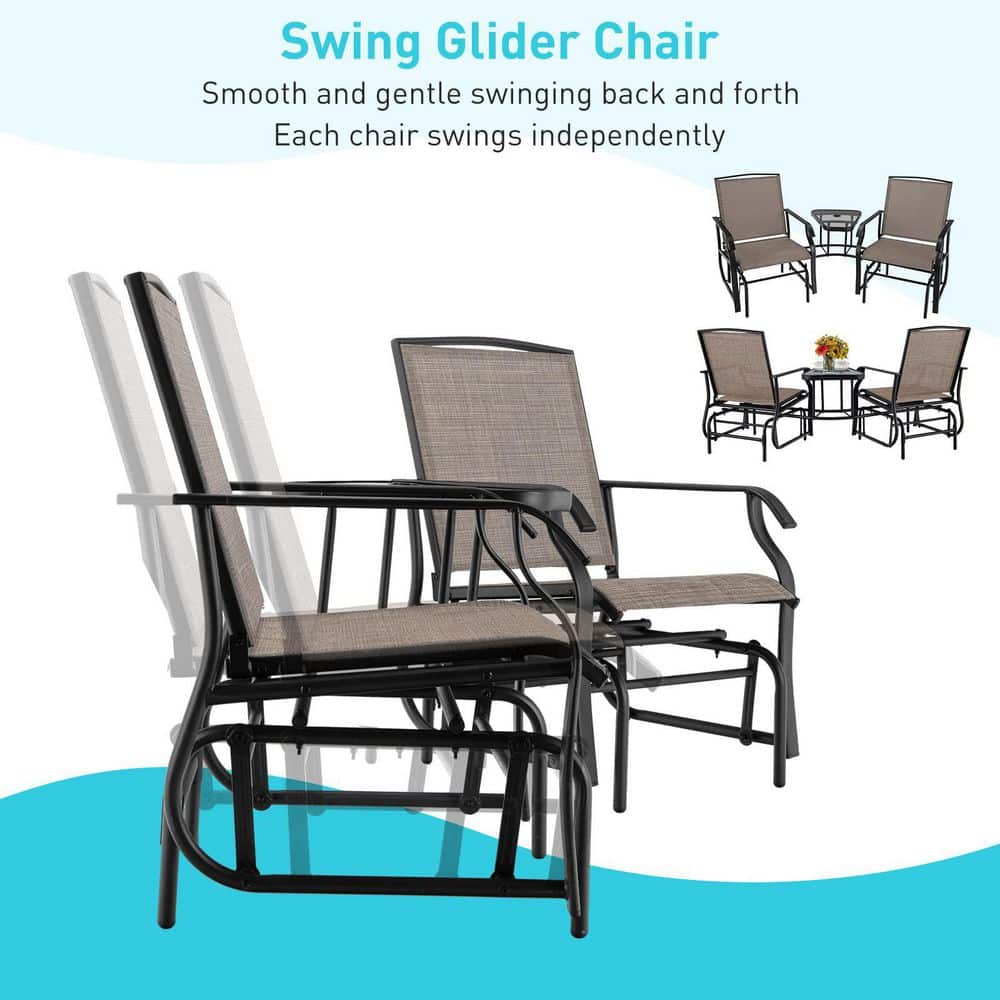 Brown Metal Double Patio Swing Glider Outdoor Rocking Chair Set