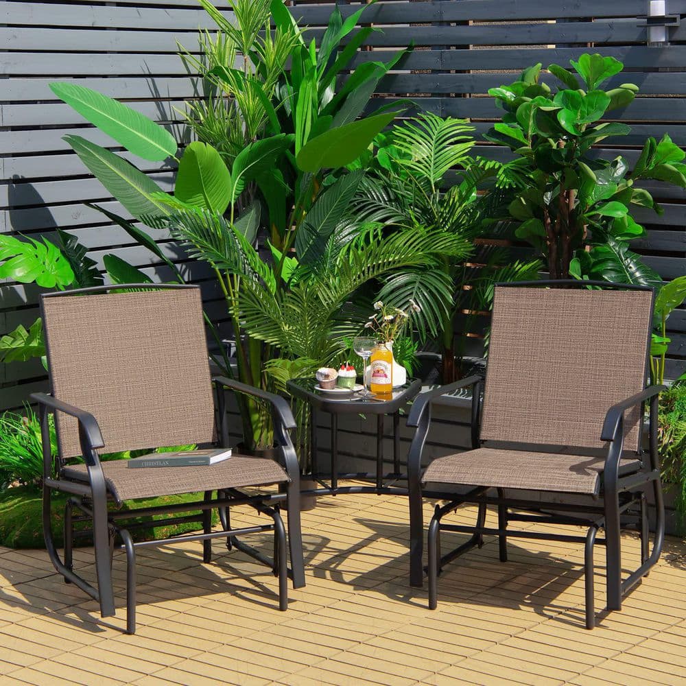 Brown Metal Double Patio Swing Glider Outdoor Rocking Chair Set