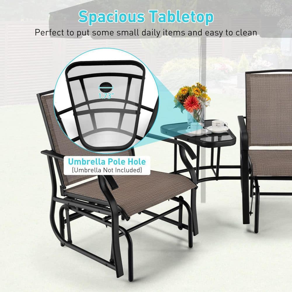 Brown Metal Double Patio Swing Glider Outdoor Rocking Chair Set