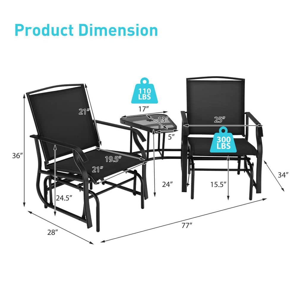 Black Metal Double Patio Swing Glider Outdoor Rocking Chair Set