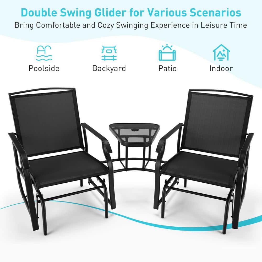 Black Metal Double Patio Swing Glider Outdoor Rocking Chair Set