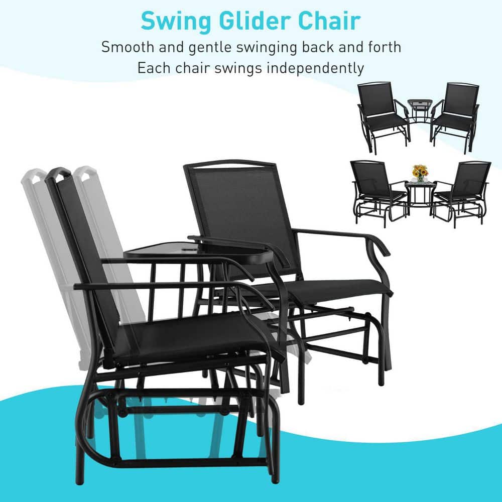 Black Metal Double Patio Swing Glider Outdoor Rocking Chair Set