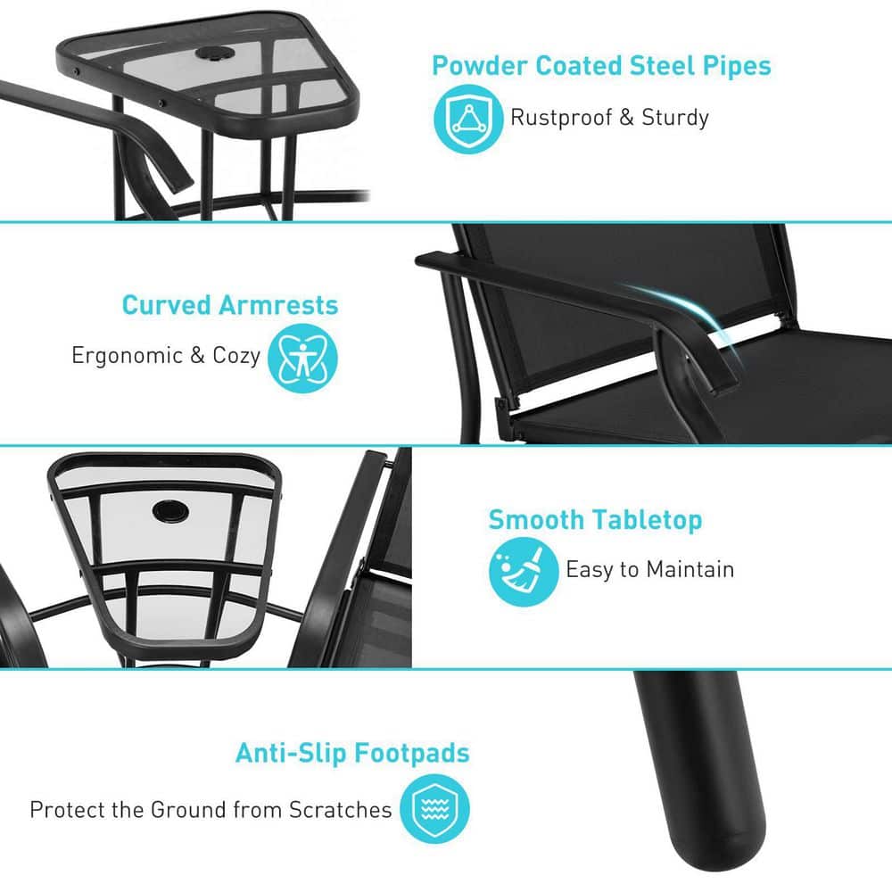 Black Metal Double Patio Swing Glider Outdoor Rocking Chair Set