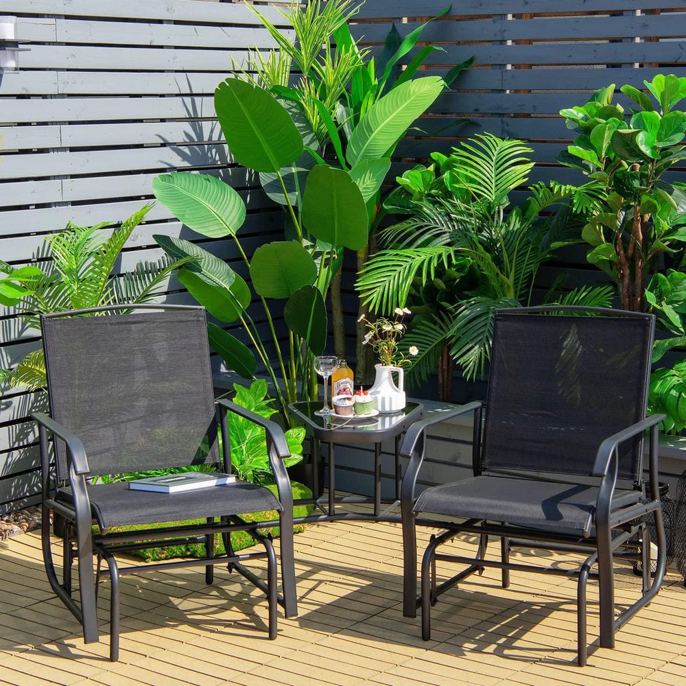 Black Metal Double Patio Swing Glider Outdoor Rocking Chair Set