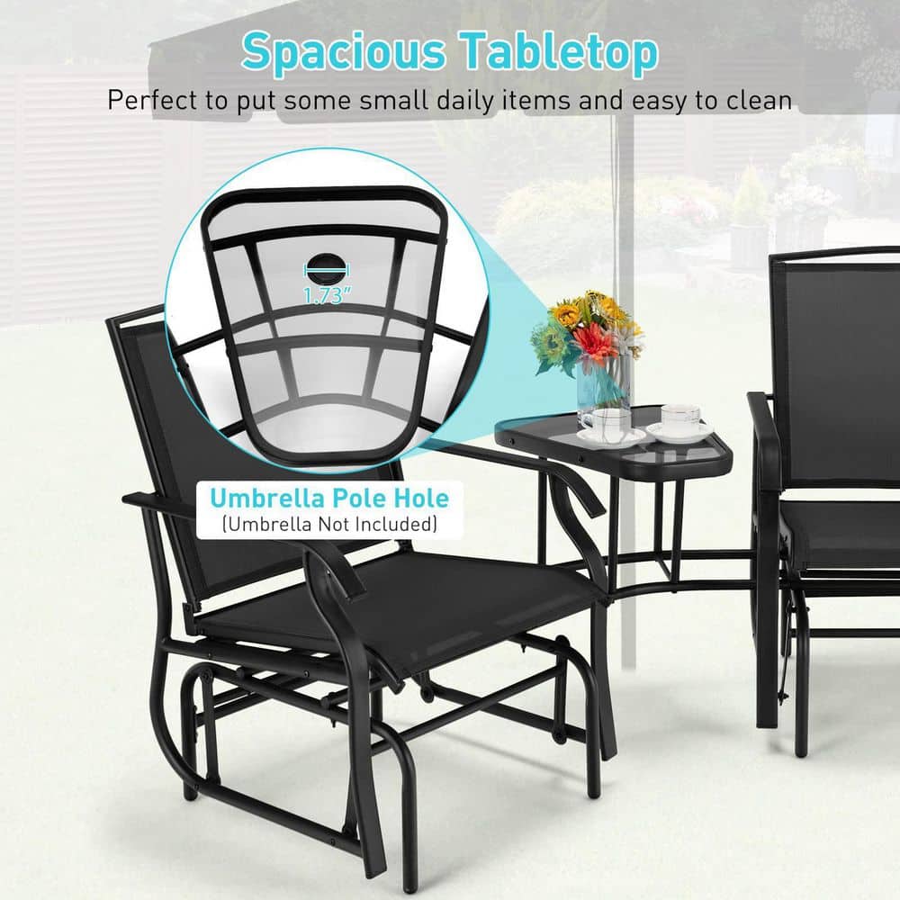 Black Metal Double Patio Swing Glider Outdoor Rocking Chair Set