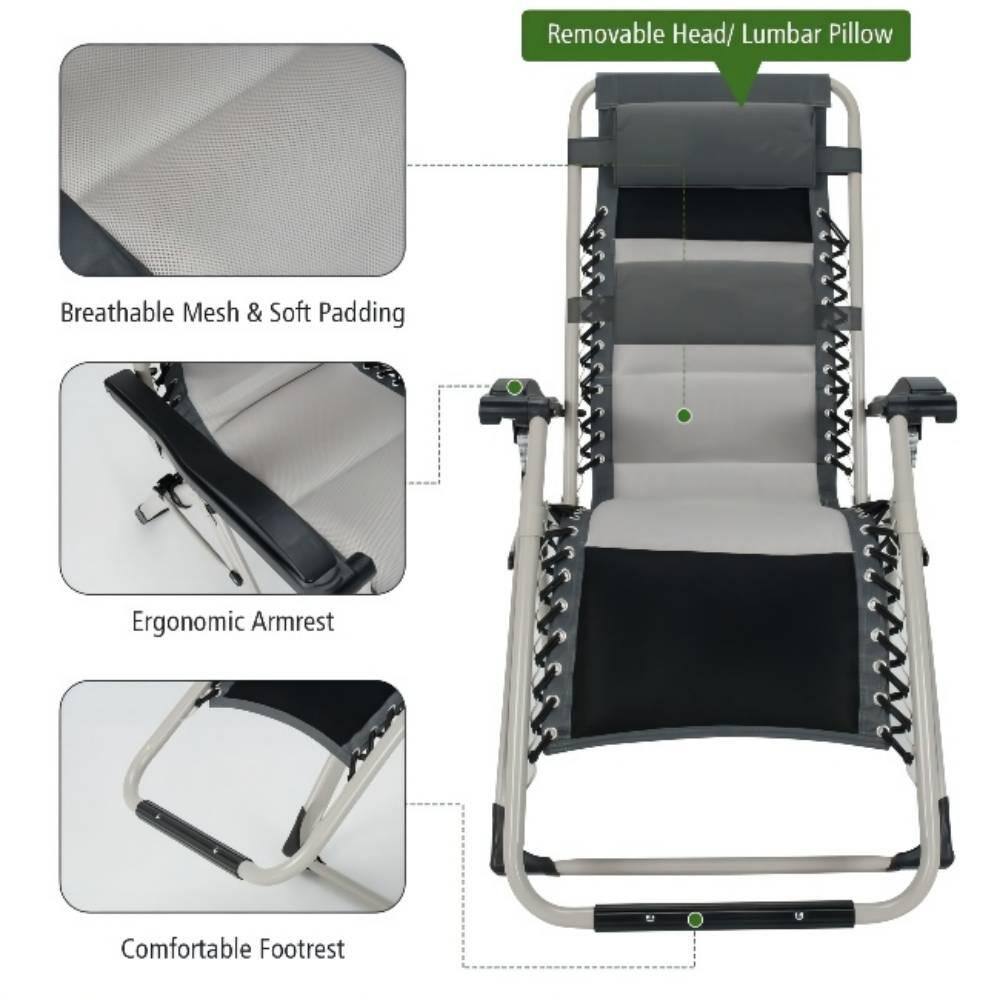 Black Metal Outdoor Adjustable Recliner Folding Padded Zero Gravity Chair