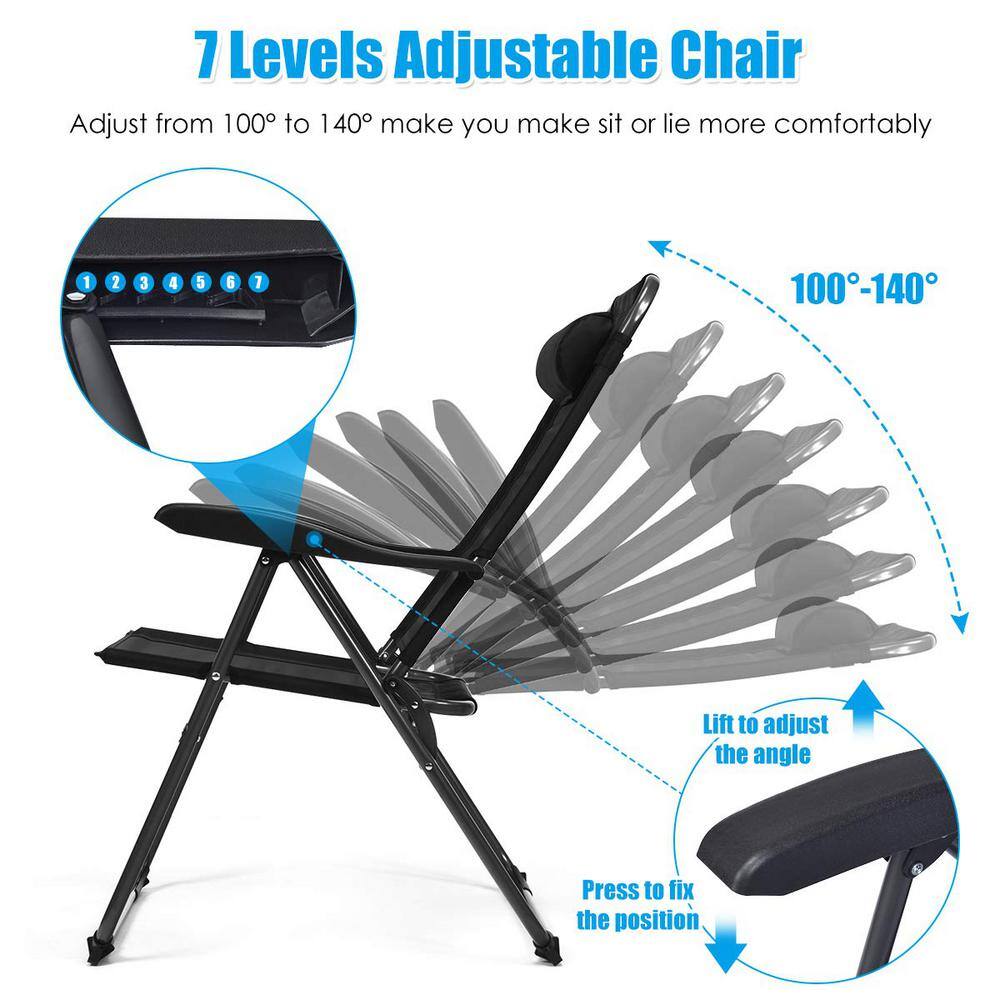 Black Metal Portable Folding Outdoor Recliner with 7 Level Adjustable Backrest (2-Pack)