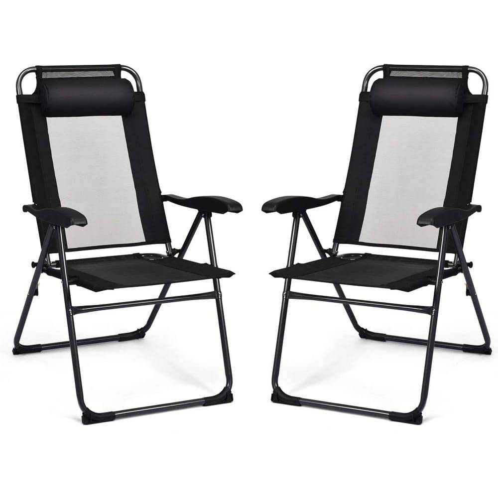 Black Metal Portable Folding Outdoor Recliner with 7 Level Adjustable Backrest (2-Pack)
