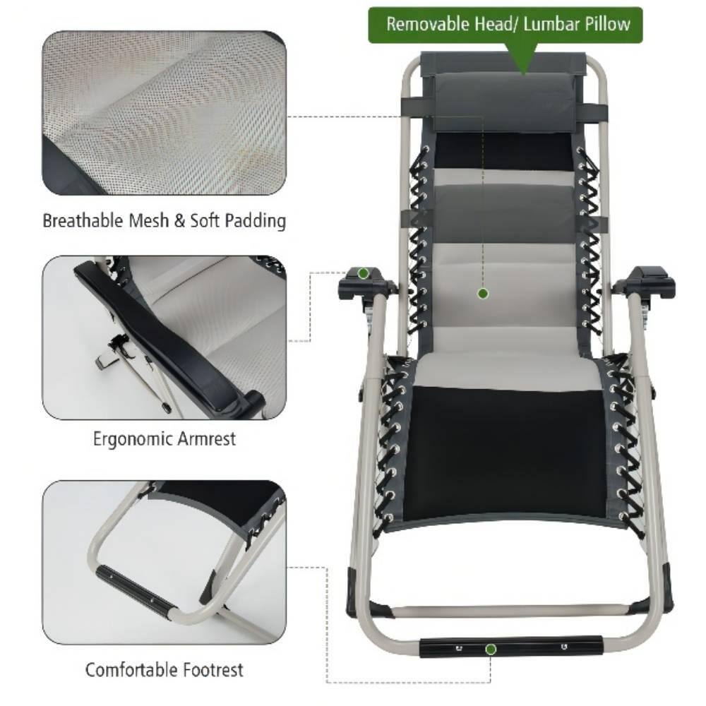 Black Metal Outdoor Adjustable Recliner Folding Padded Zero Gravity Chair (Set of 2)