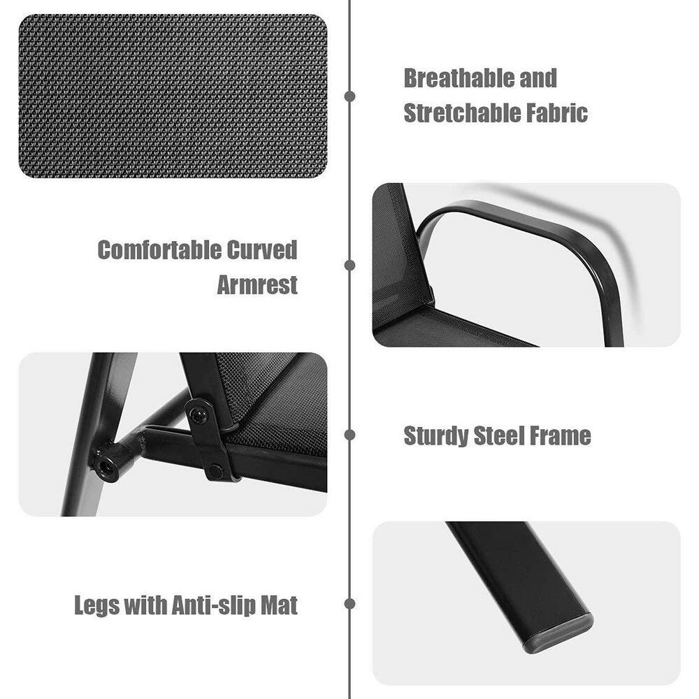 Black Metal Outdoor Folding Recliner with Armrest (2-Pack)