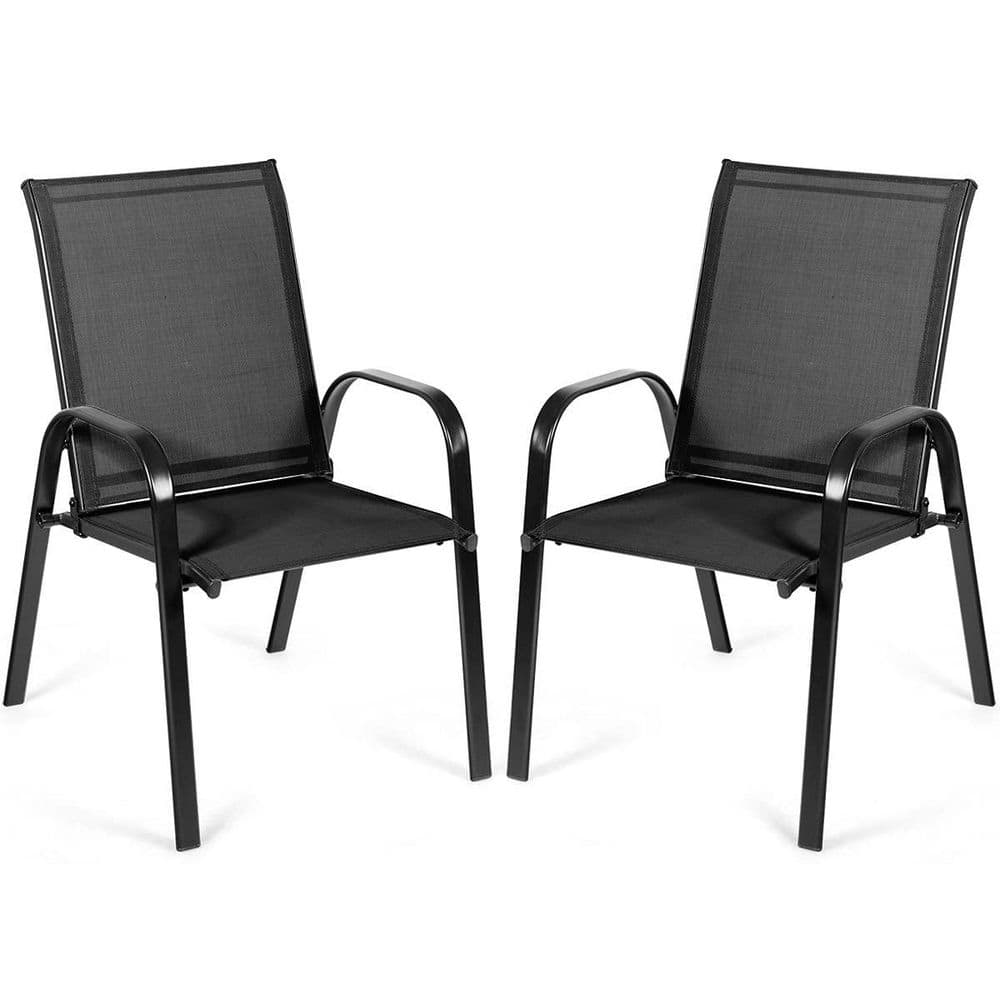Black Metal Outdoor Folding Recliner with Armrest (2-Pack)