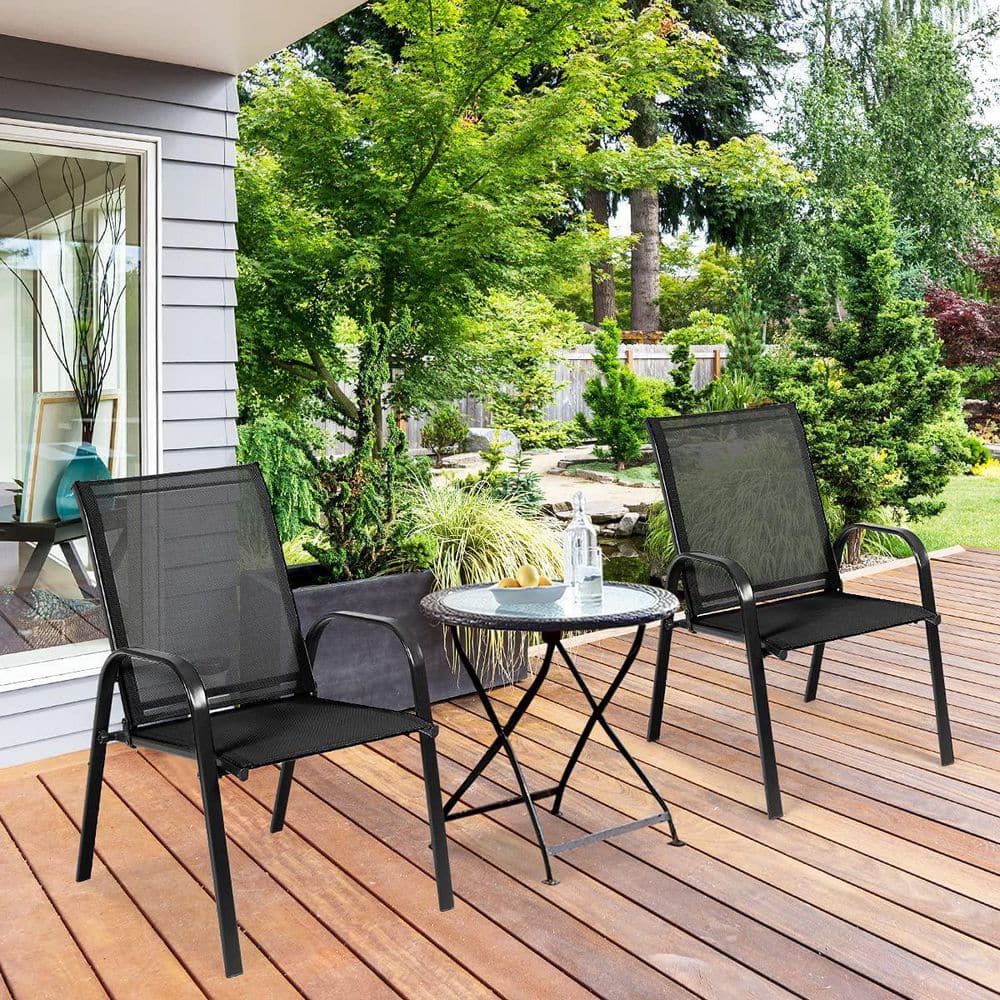 Black Metal Outdoor Folding Recliner with Armrest (2-Pack)