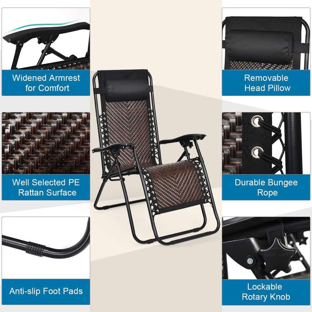 Folding Recliner Mix Light Brown Rattan Zero Gravity Wicker Patio Lounge Chair with Headrest